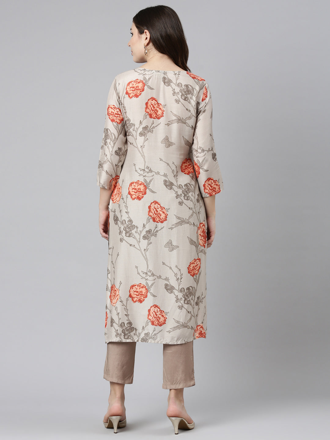 Neerus Beige printed straight kurti for women - side view