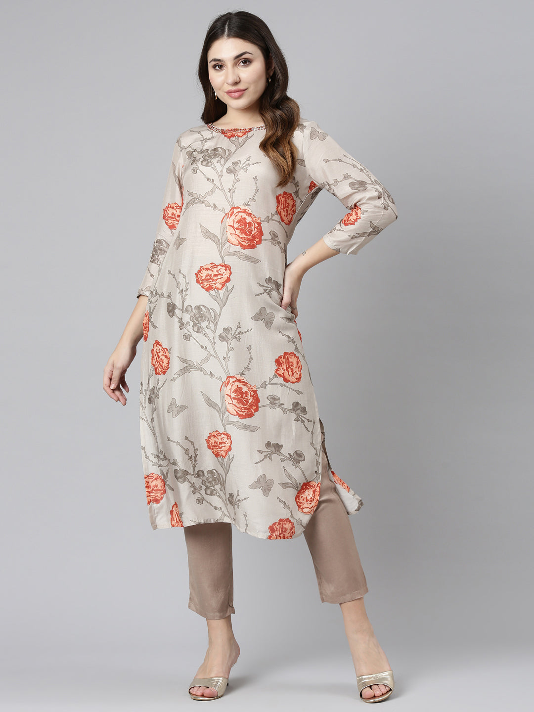 Neerus Beige printed straight kurti for women - detail view 2
