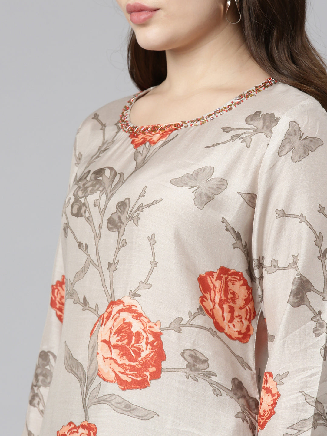 Neerus Beige printed straight kurti for women - detail view 1