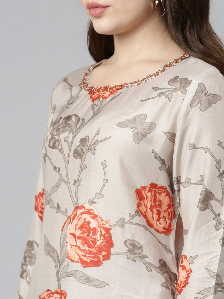 Neerus Beige printed straight kurti for women - detail view 1
