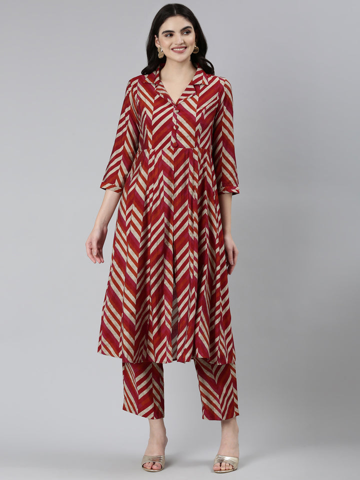 Neerus Maroon printed chevron kurta set with trousers - front view