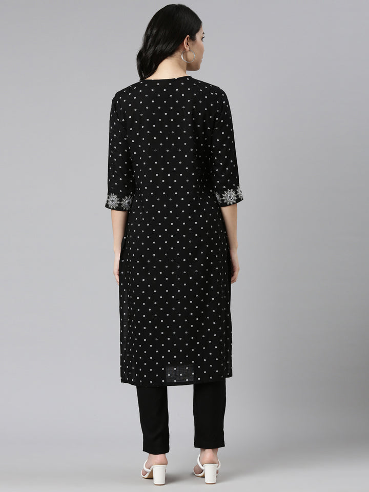 Neerus Black printed straight kurta set with trousers - side view