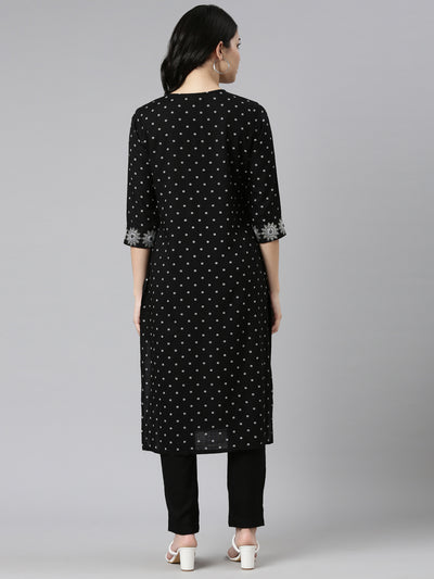 Neerus Black Regular Straight Printed Kurta And Trousers