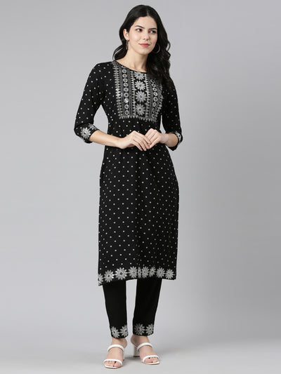 Neerus Black Regular Straight Printed Kurta And Trousers