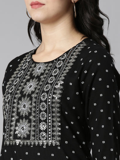 Neerus Black Regular Straight Printed Kurta And Trousers