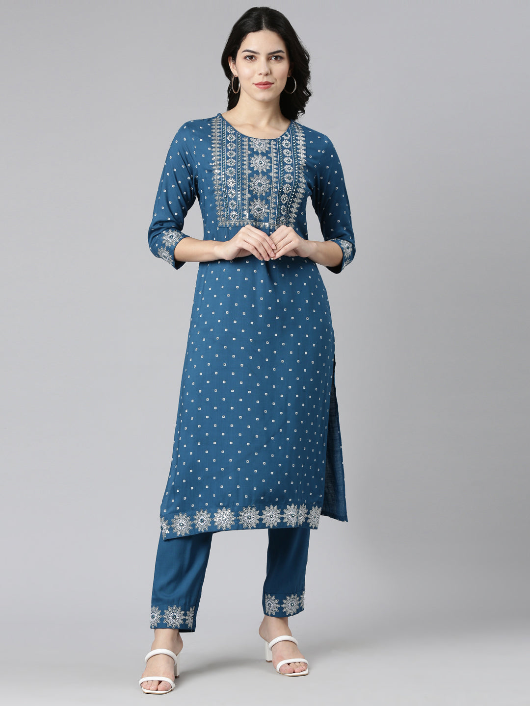 Neerus Blue printed straight kurta set with trouser - front view