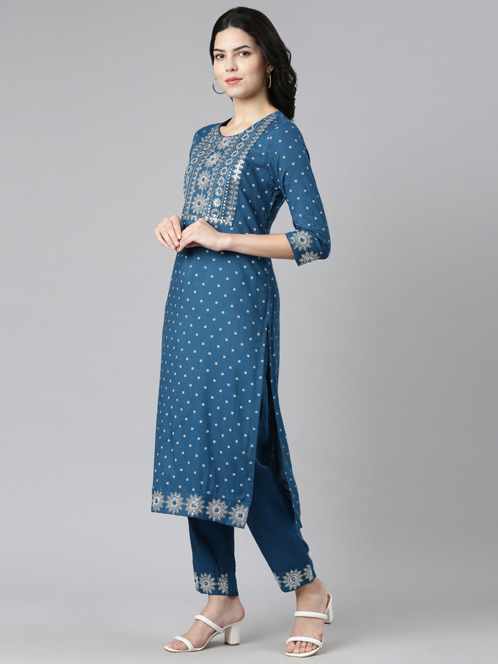 Neerus Blue printed straight kurta set with trouser - back view