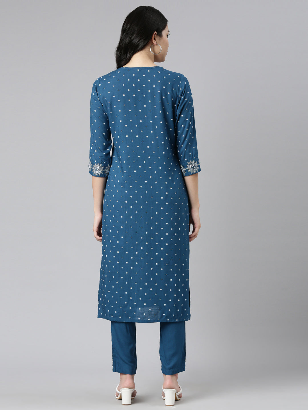 Neerus Blue printed straight kurta set with trouser - side view