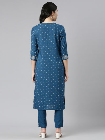 Neerus Blue Regular Straight Printed Kurta And Trousers