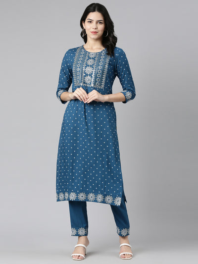 Neerus Blue Regular Straight Printed Kurta And Trousers