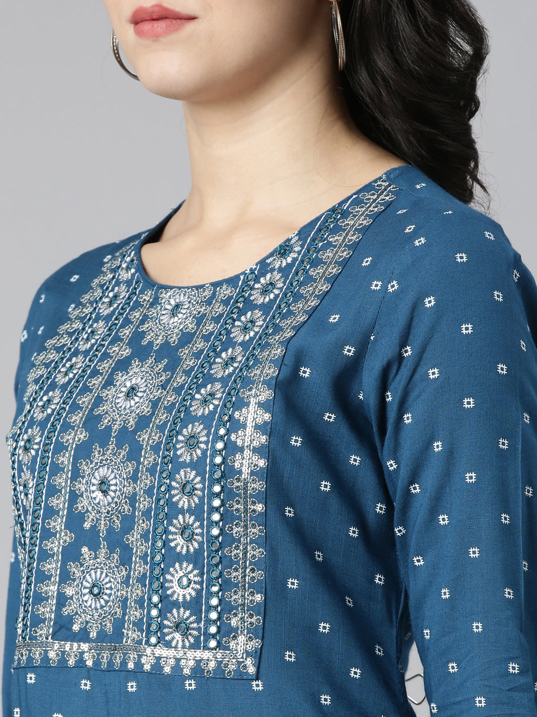 Neerus Blue printed straight kurta set with trouser - detail view 1