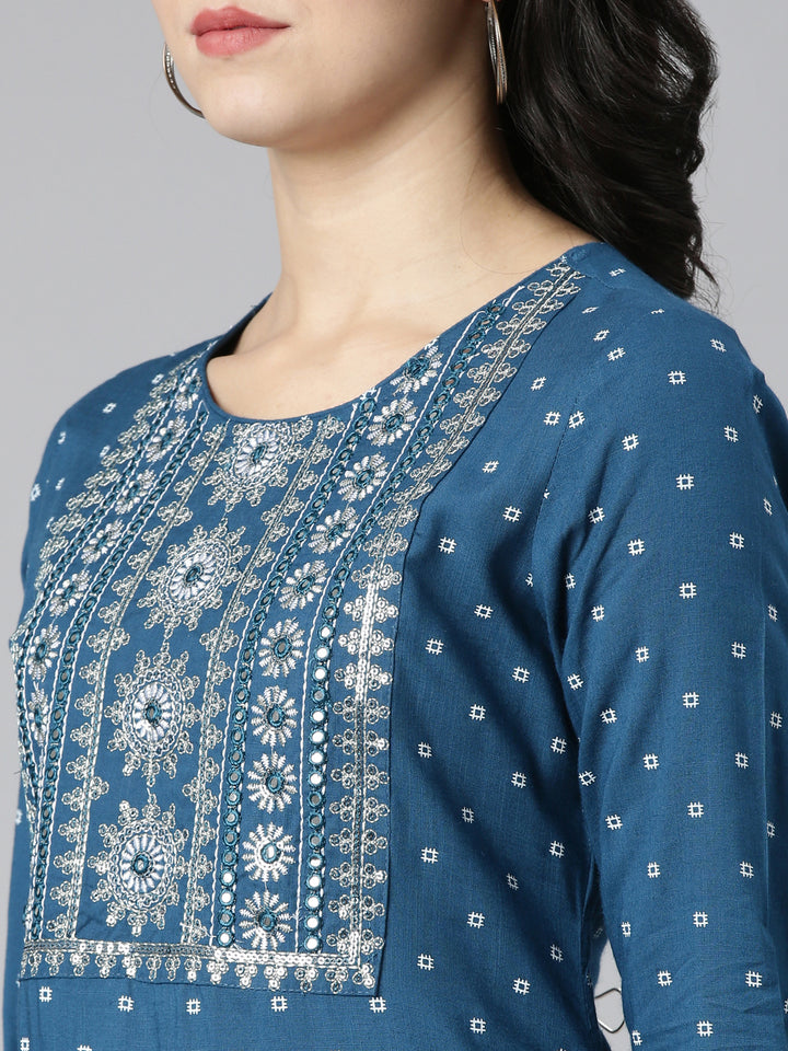 Neerus Blue printed straight kurta set with trouser - detail view 1