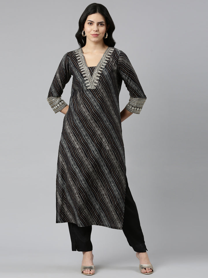 Neerus Black printed straight kurta set - front view