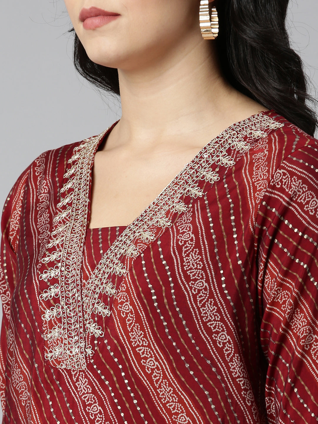 Neerus Maroon Regular Straight Printed Kurta And Trousers With Dupatta