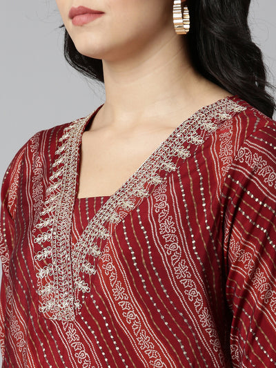 Neerus Maroon Regular Straight Printed Kurta And Trousers With Dupatta