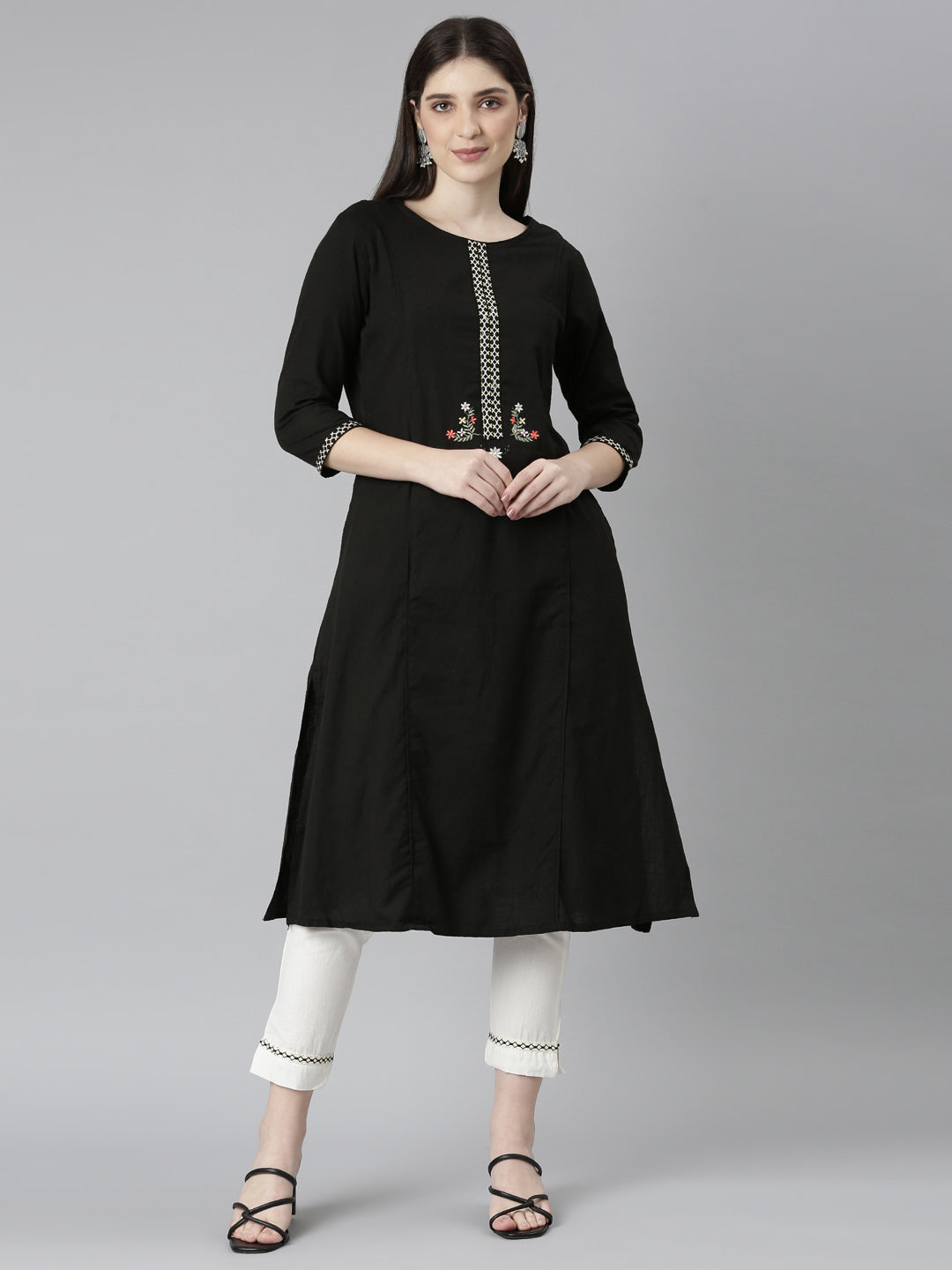 Neerus Black solid straight kurta set with trouser - front view