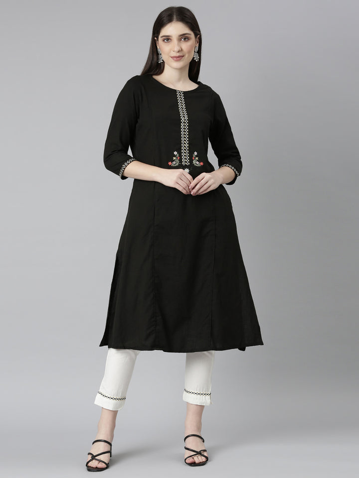 Neerus Black solid straight kurta set with trouser - front view