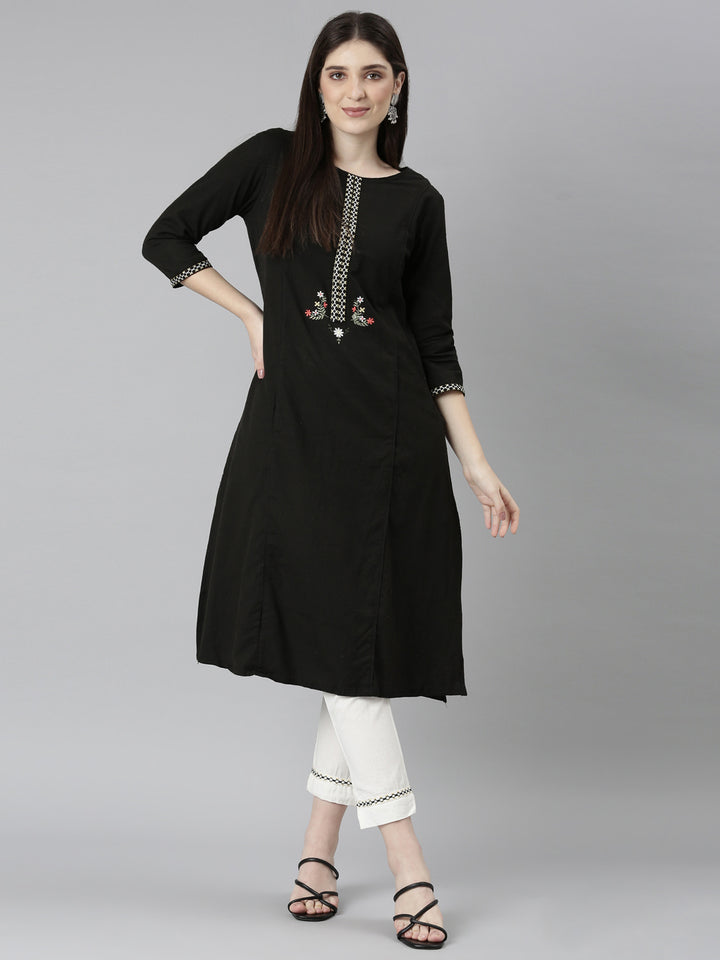 Neerus Black solid straight kurta set with trouser - detail view 1