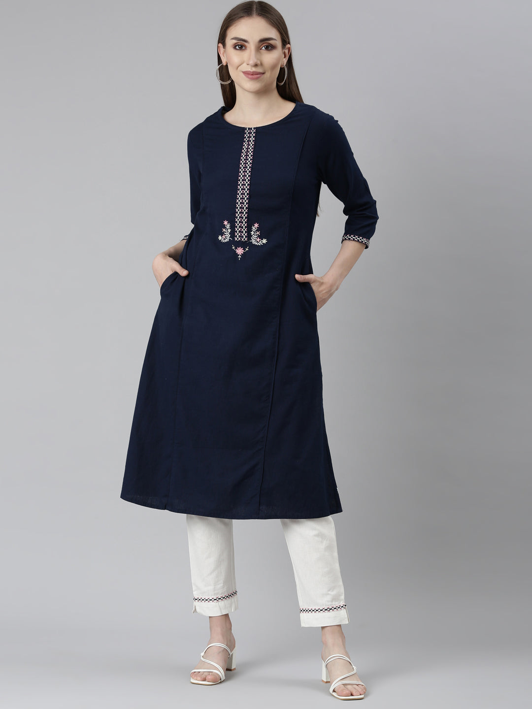 Neerus Navy Blue Regular Straight Solid Kurta And Trousers