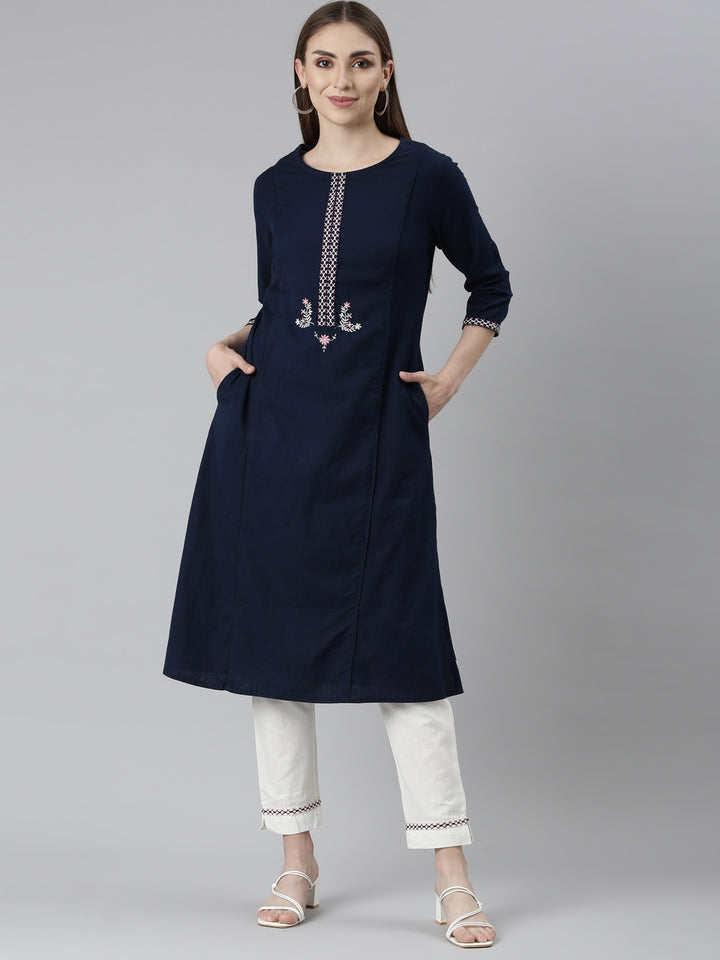 Neerus Navy Blue Regular Straight Solid Kurta And Trousers