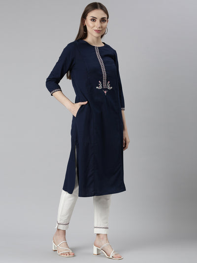 Neeru's Navy Blue Regular Straight Solid Kurta And Trousers