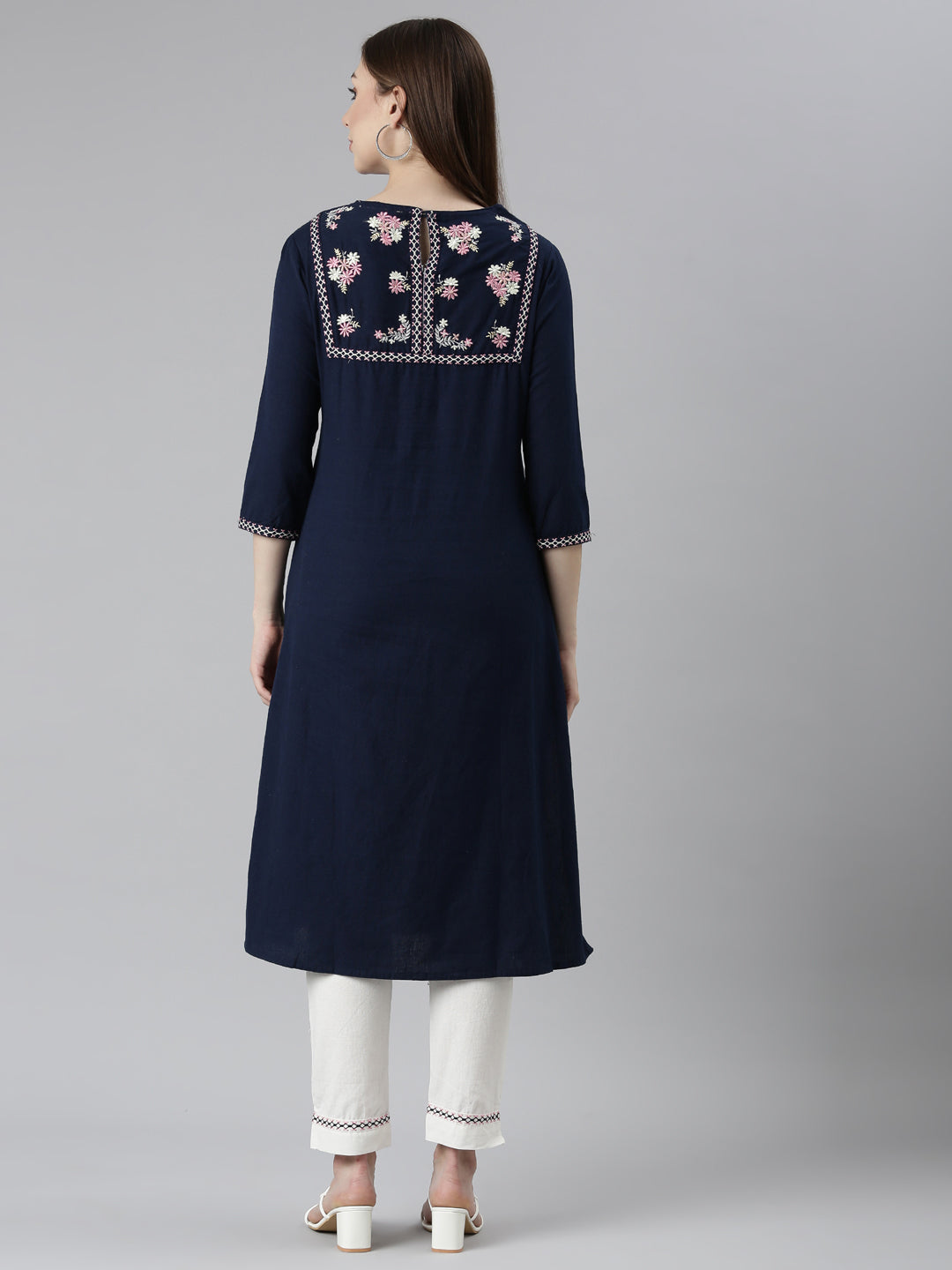Neerus Navy Blue Regular Straight Solid Kurta And Trousers