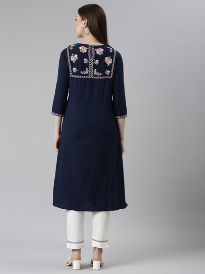 Neeru's Navy Blue Regular Straight Solid Kurta And Trousers