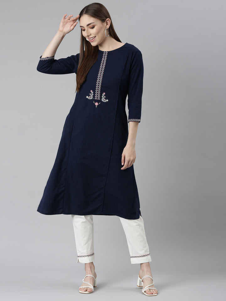 Neerus Navy Blue Regular Straight Solid Kurta And Trousers