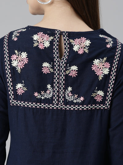 Neeru's Navy Blue Regular Straight Solid Kurta And Trousers