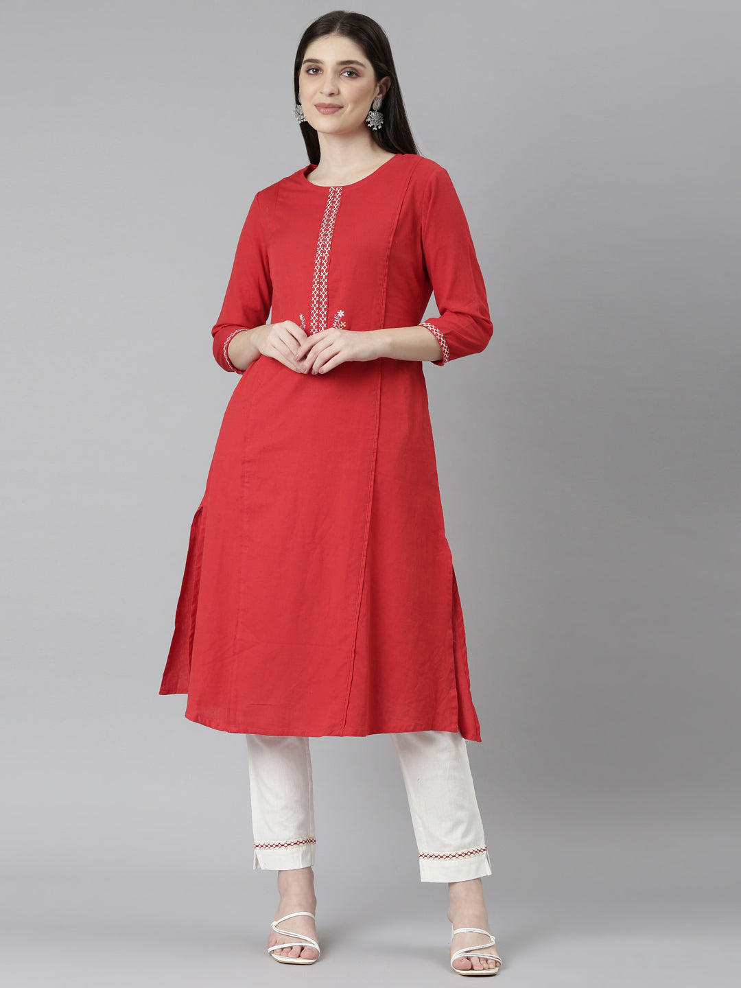Neerus Red solid straight kurta set with trouser - front view