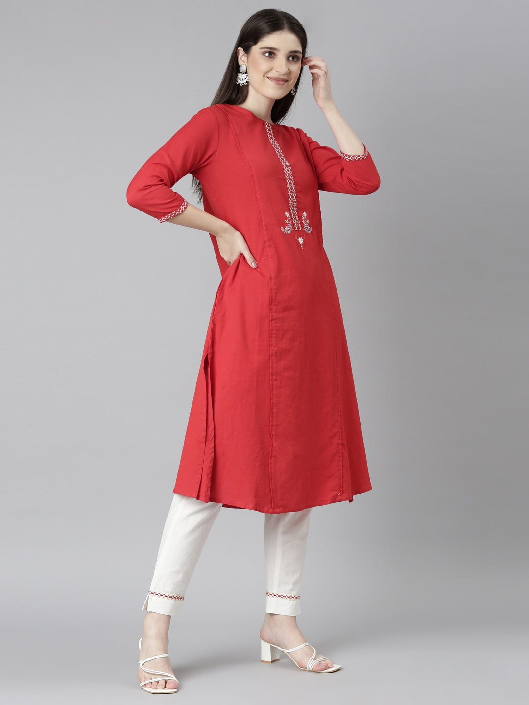 Neerus Red solid straight kurta set with trouser - back view