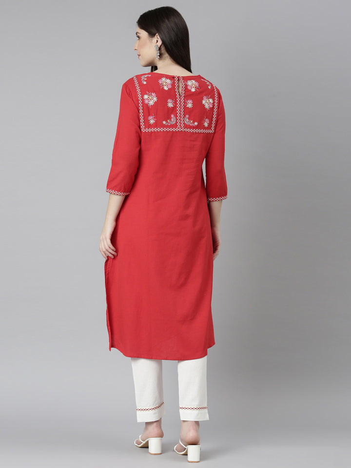 Neerus Red solid straight kurta set with trouser - side view