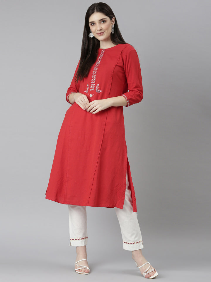Neerus Red solid straight kurta set with trouser - detail view 2