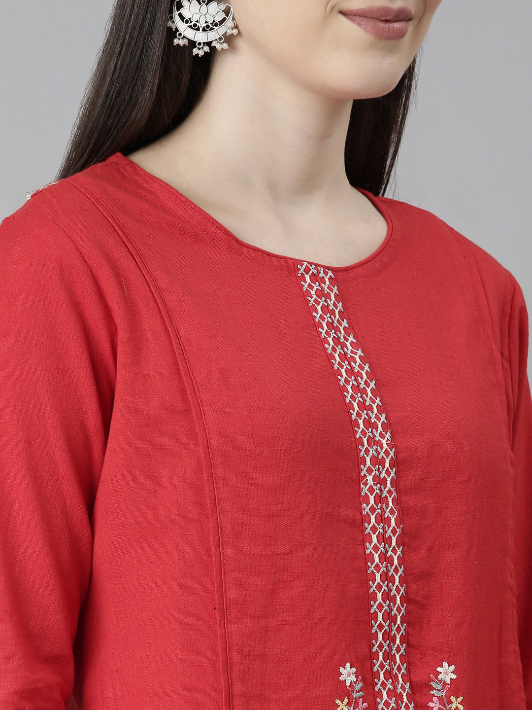 Neerus Red solid straight kurta set with trouser - detail view 1