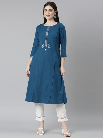 Neeru's Blue Regular Straight Solid Kurta And Trousers