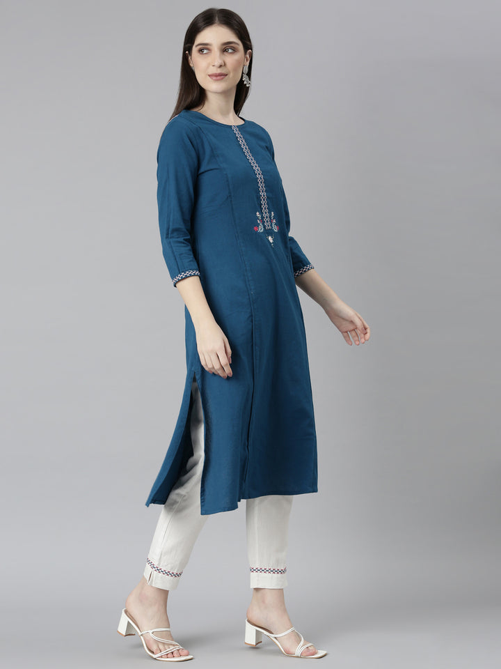 Neerus Blue solid straight kurta set - back view