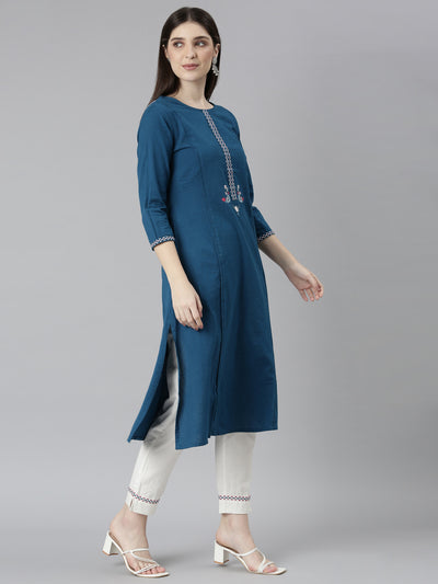 Neeru's Blue Regular Straight Solid Kurta And Trousers
