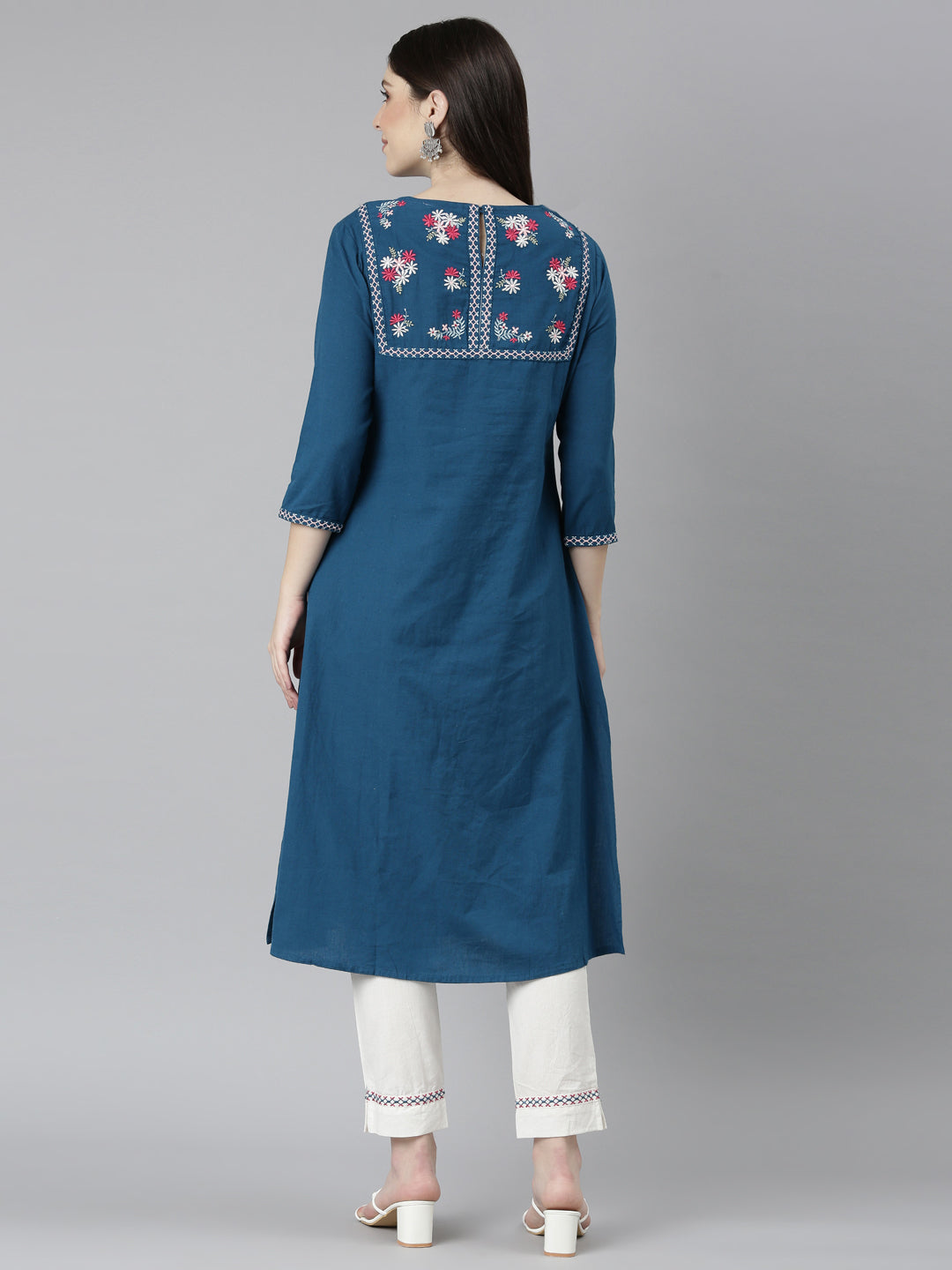 Neerus Blue solid straight kurta set - side view