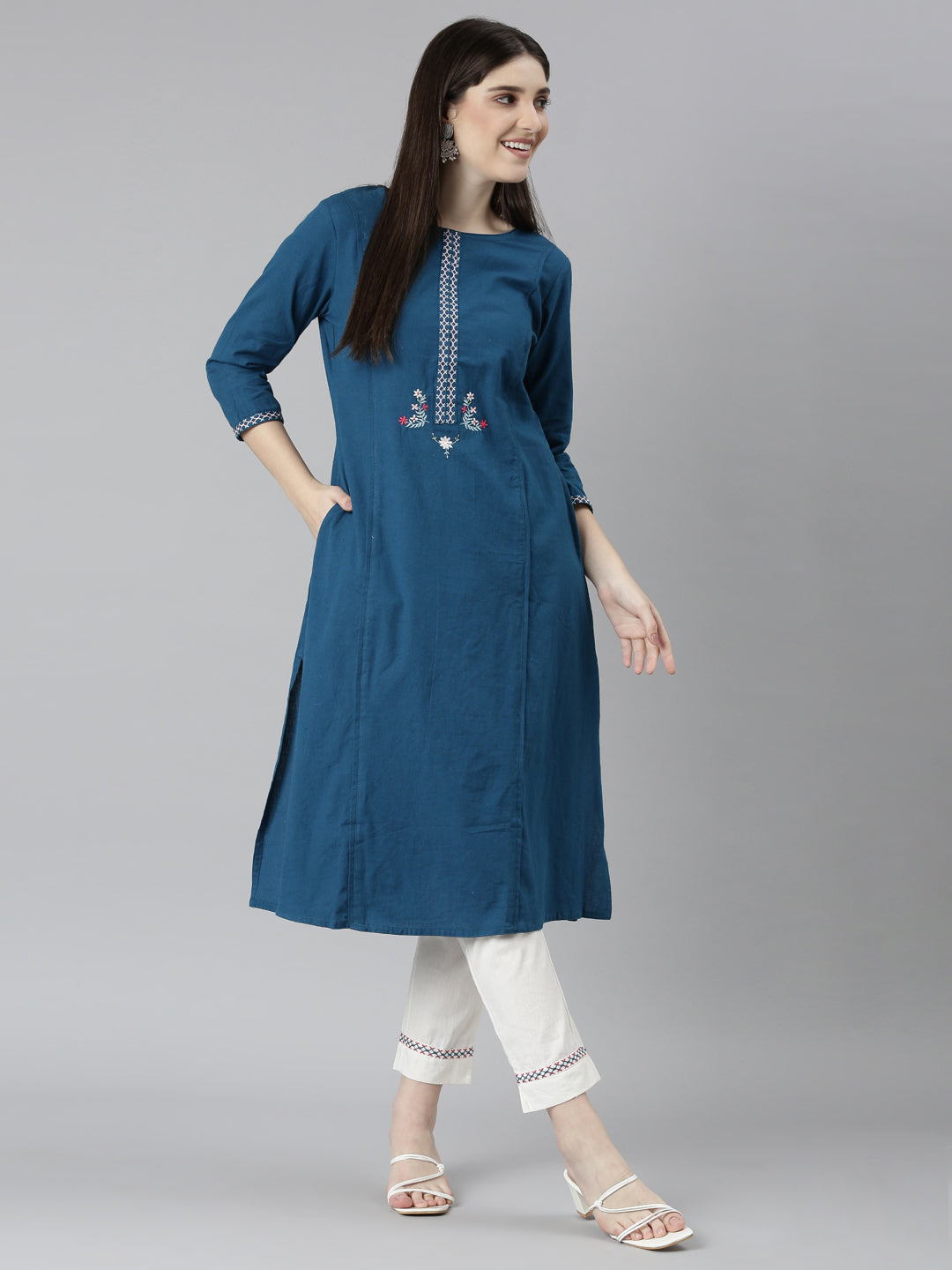 Neerus Blue solid straight kurta set - detail view 2
