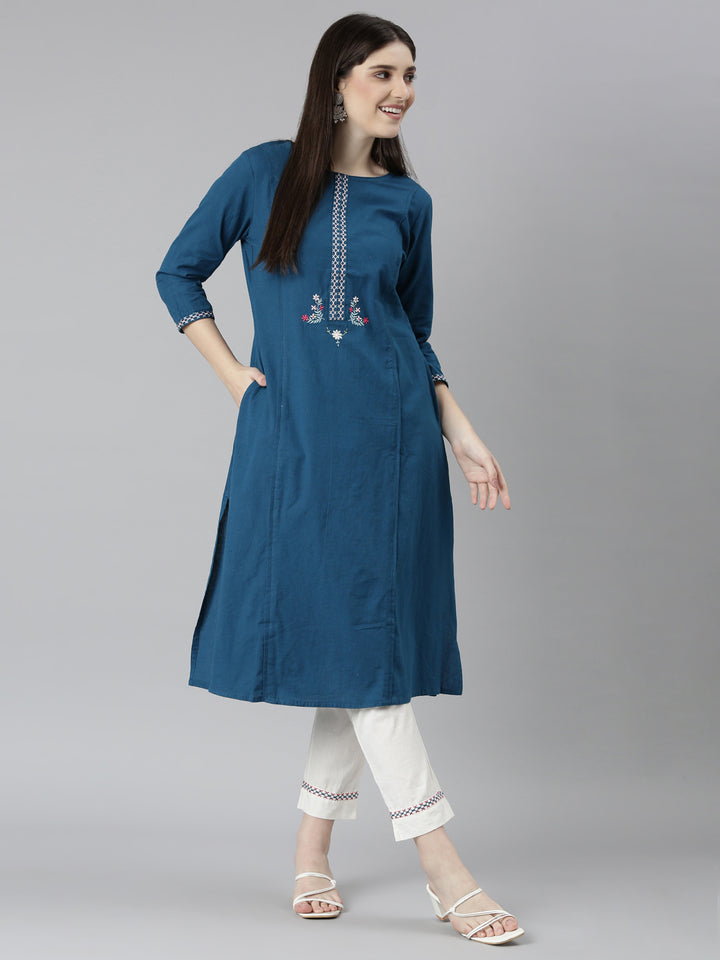 Neerus Blue solid straight kurta set - detail view 2