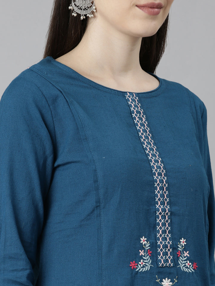Neerus Blue solid straight kurta set - detail view 1