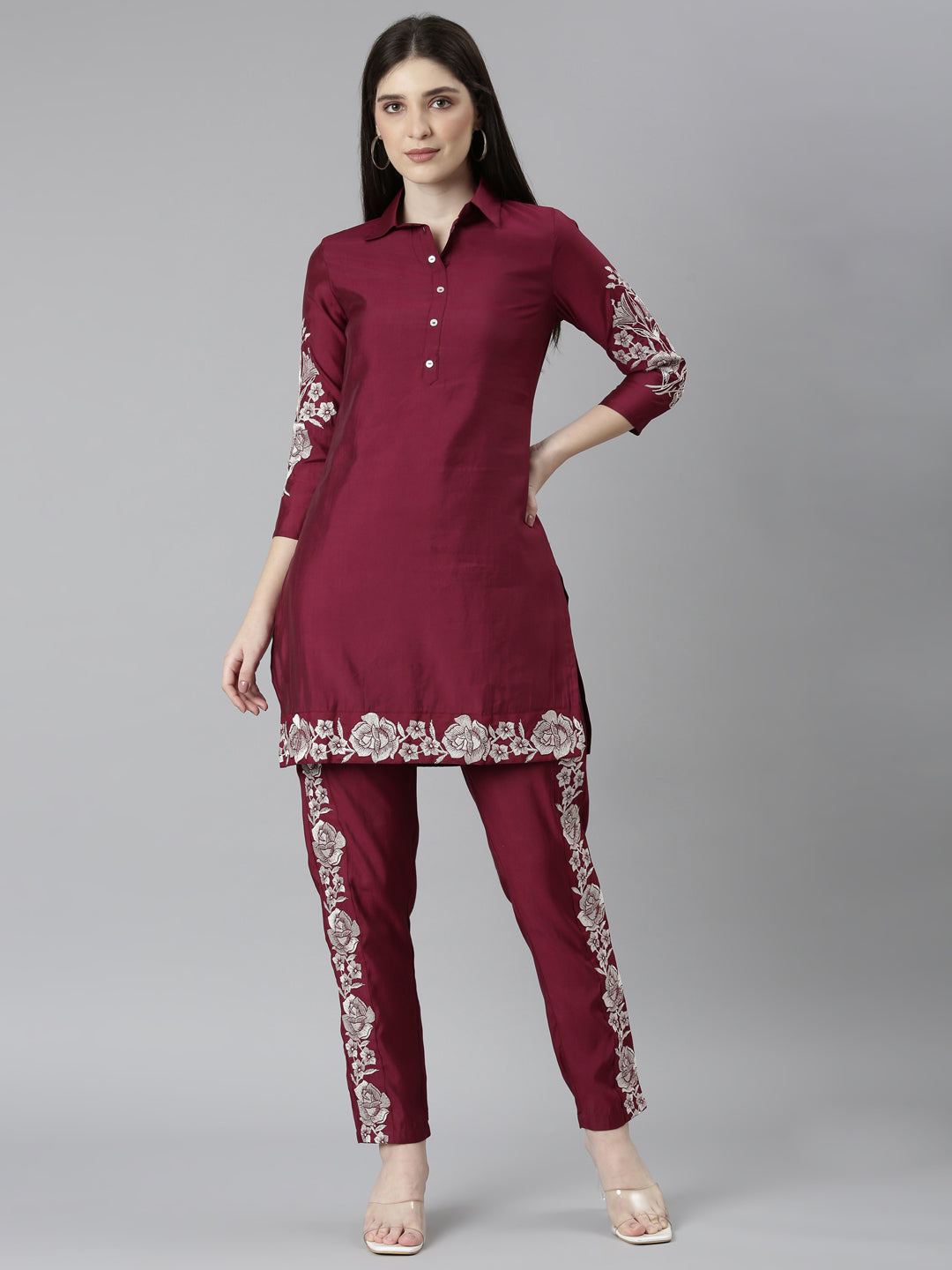 Neerus Maroon printed floral kurta set - front view