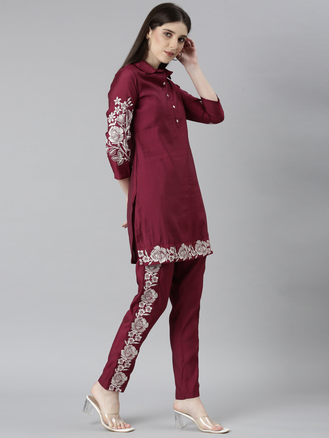 Neerus Maroon printed floral kurta set - back view