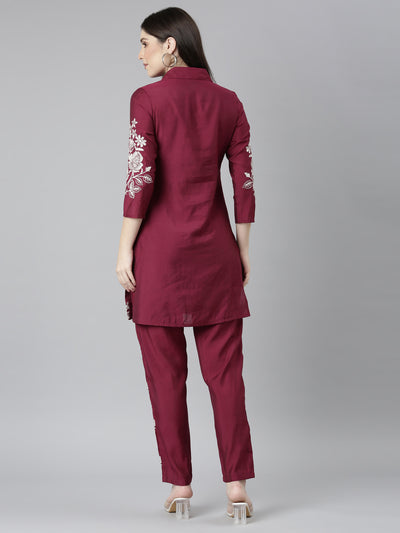Neeru's Maroon Regular Straight Floral Top And Trousers