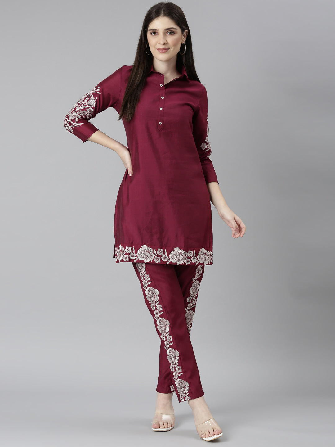 Neerus Maroon printed floral kurta set - detail view 2