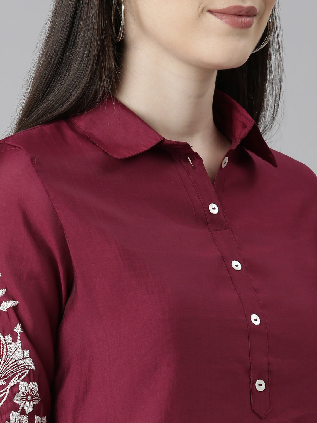 Neerus Maroon printed floral kurta set - detail view 1