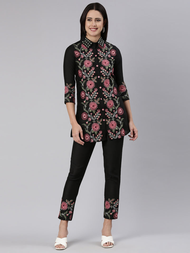 Neerus Black embroidered straight co-ord set - front view