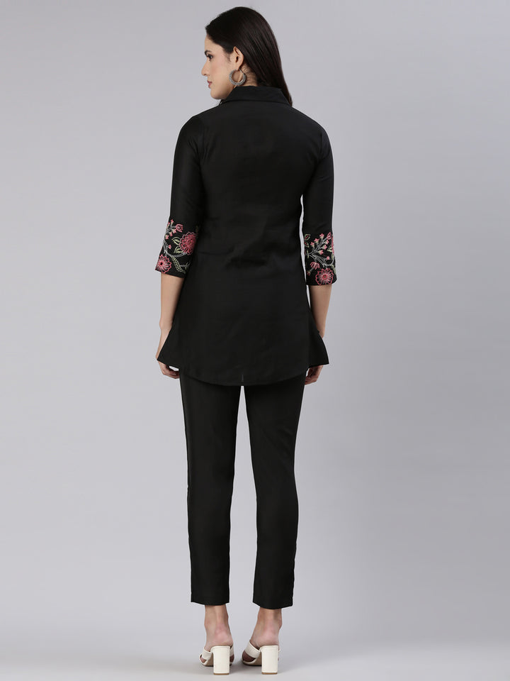 Neerus Black embroidered straight co-ord set - side view