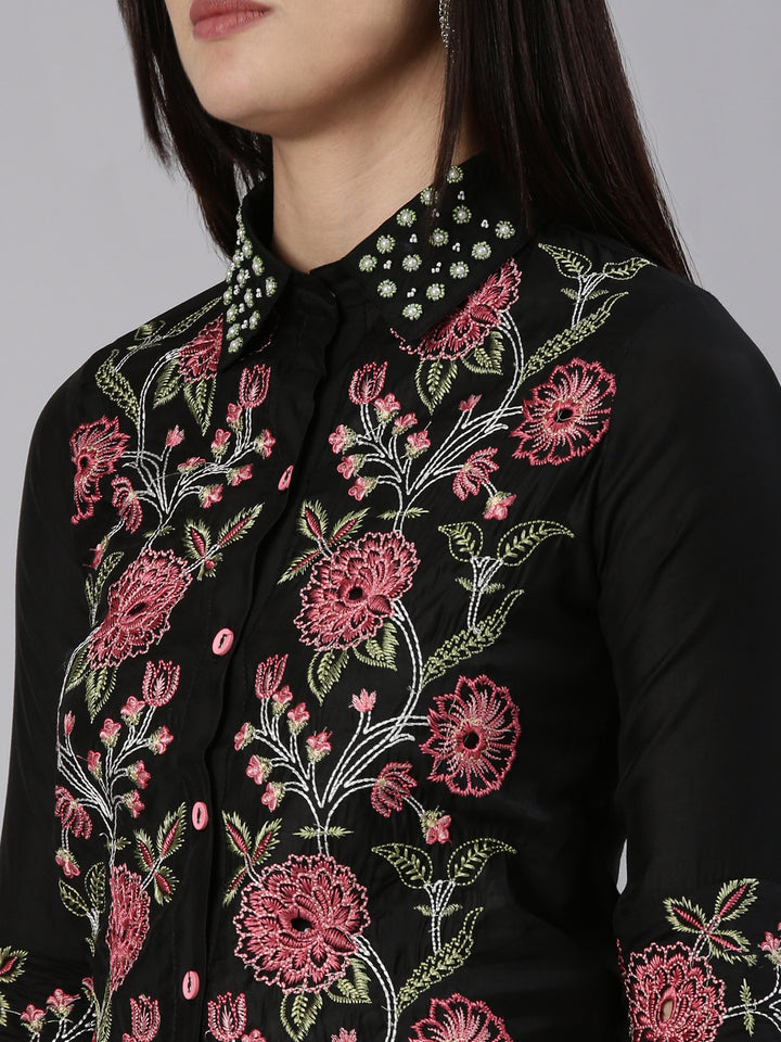 Neerus Black embroidered straight co-ord set - detail view 1