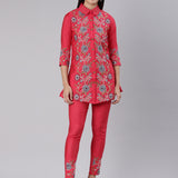 Neerus Pink Regular Straight Embroidered Co-Ords set